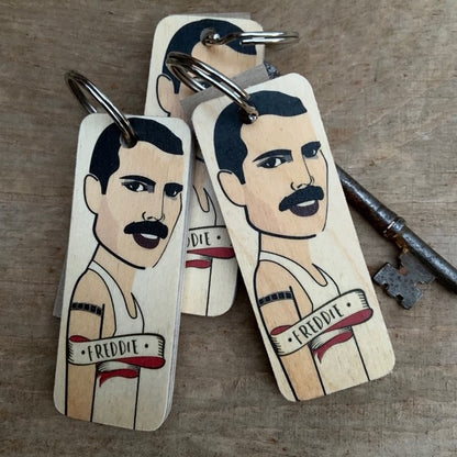 Freddie Mercury Character Wooden Keyring by Wotmalike