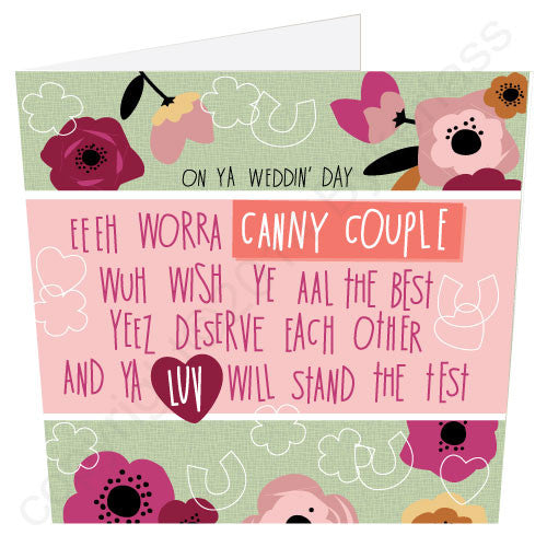 Canny Couple on their Wedding Day Geordie Poetry Card words by Matt Reilly, design Jo Burrows Bykerlass
