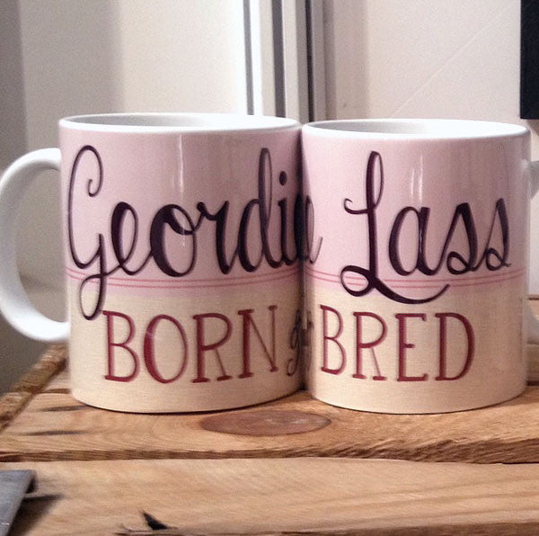 Geordie Lass Born and Bred Mug PINK I love newcastle upon tyne geordie mug newcastle landmarks illustrations artwork
