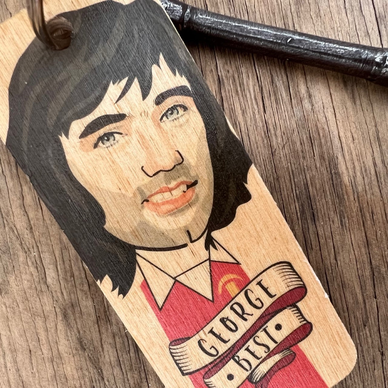 George Best Character Wooden Keyring by Wotmalike
