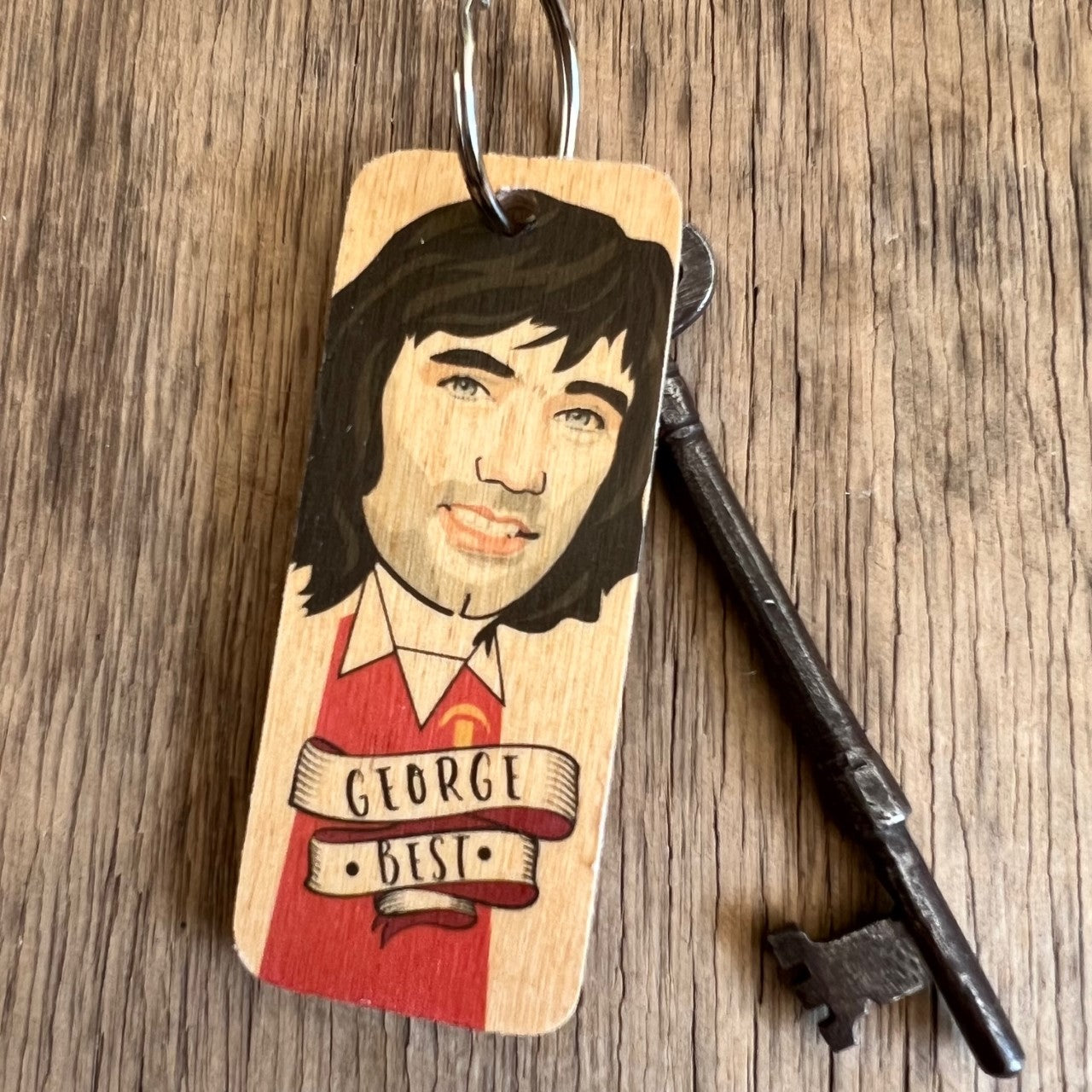 George Best Character Wooden Keyring by Wotmalike