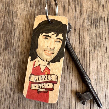 George Best Character Wooden Keyring by Wotmalike