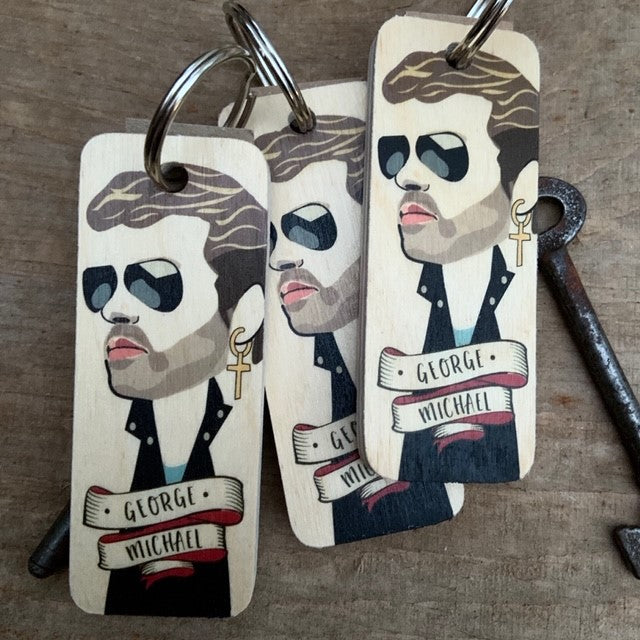 George Michael Character Wooden Keyring By Wotmalike