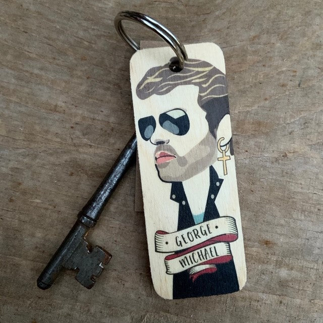 George Michael Character Wooden Keyring By Wotmalike