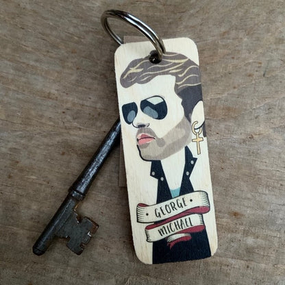 George Michael Character Wooden Keyring By Wotmalike