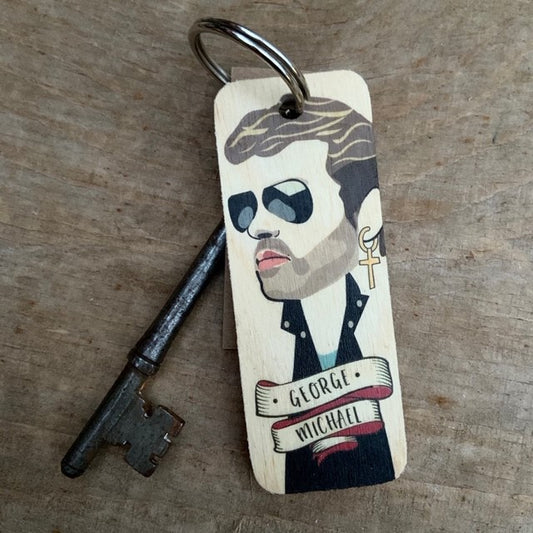 George Michael Character Wooden Keyring By Wotmalike