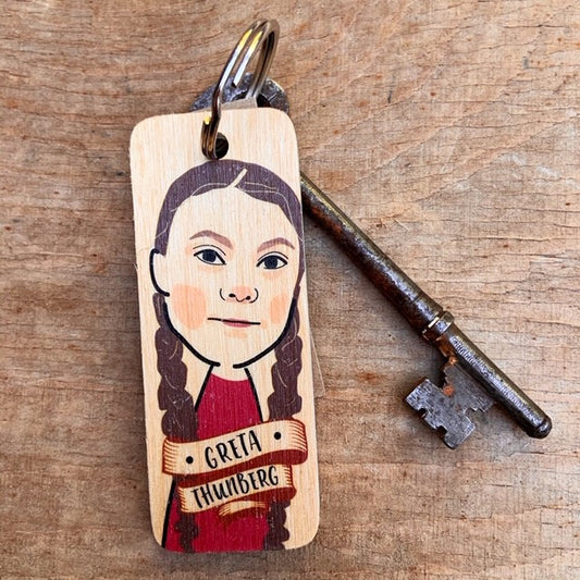 Greta Thunberg Character Wooden Keyring by Wotmalike