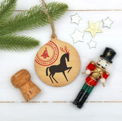 Horse With Stamp Wooden Christmas Bauble  - DOUBLE SIDED  RWB1