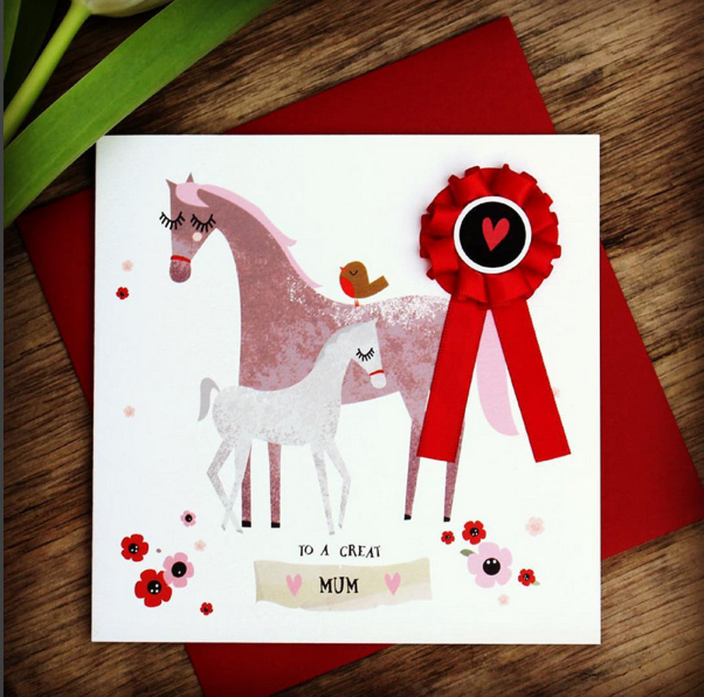 To A Great Mum - Horse Greeting Mothers Day Card (with satin ribbon rosette) - CHDC12