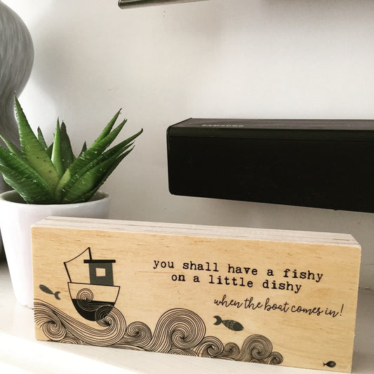 FISHY ON A DISHY Two Sided Hand Made Wooden Art Block BLUEBERRY