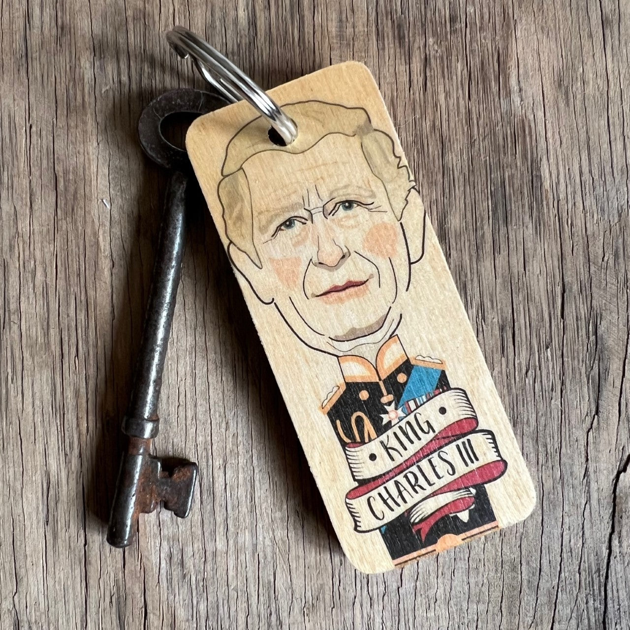 King Charles III Character Wooden Keyring by Wotmalike