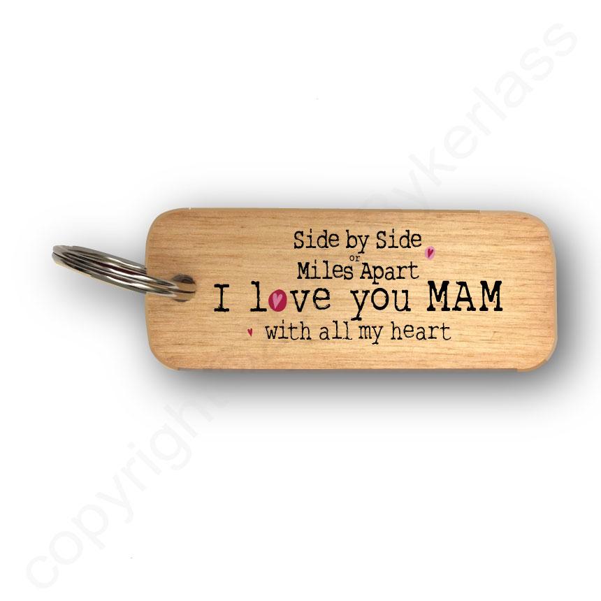 Side by Side or Miles Apart MAM Wooden Keyring by Wotmalike