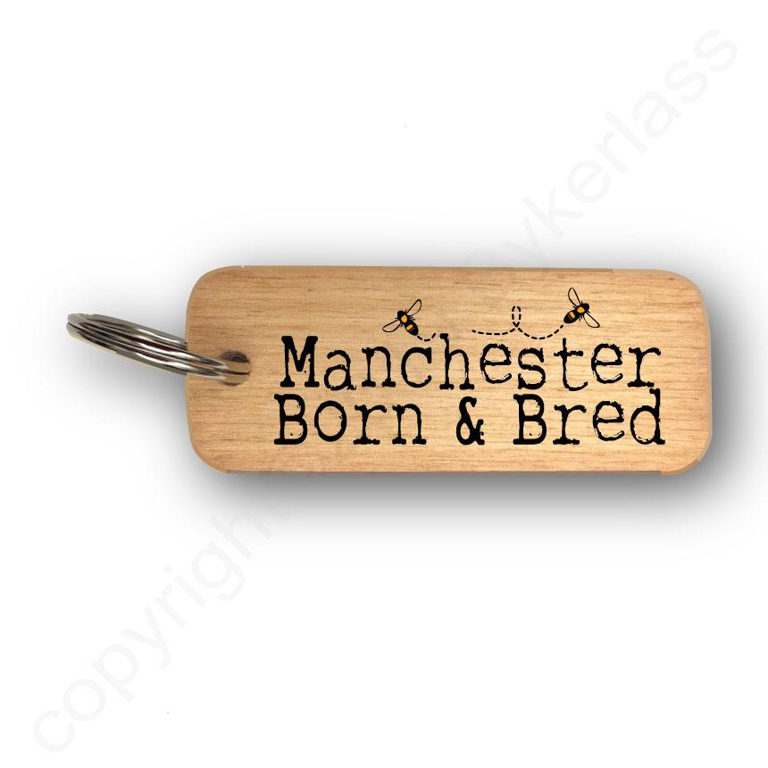 Manchester Born and Bred With Bees Rustic Wooden Keyring by wotmalike