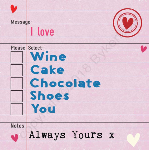 I Love Wine Options Valentines Card (MBV5-1)