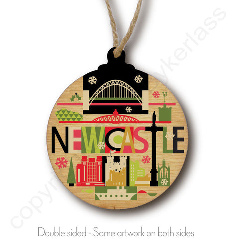 Newcastle City Scape Rustic Wooden Christmas Bauble  - DOUBLE SIDED  RWB1