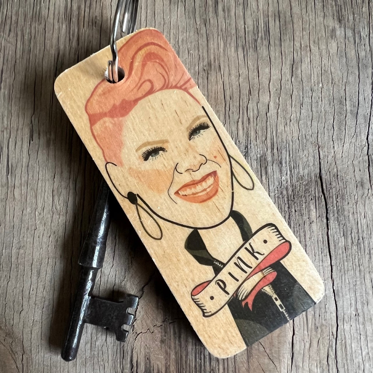 Pink Character Wooden Keyring by wotmalike