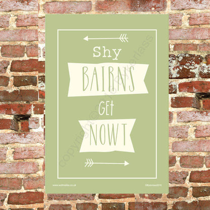 Shy Bairns Get Nowt Geordie Tea Towel in Green by Wotmalike