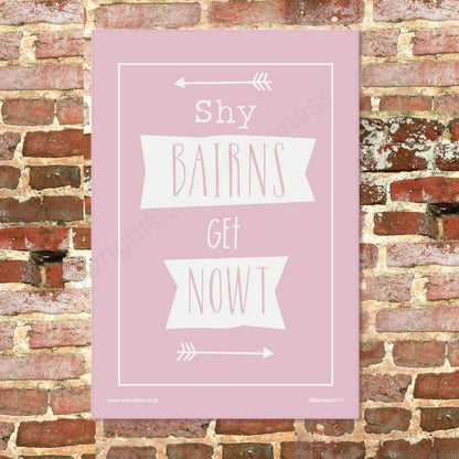 Shy Bairns Get Nowt Geordie Tea Towel in Rose by Wotmalike