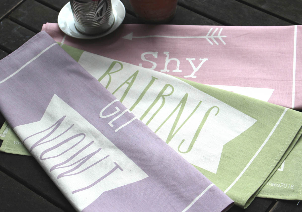 Shy Bairns Get Nowt Geordie Tea Towel in Rose by Wotmalike