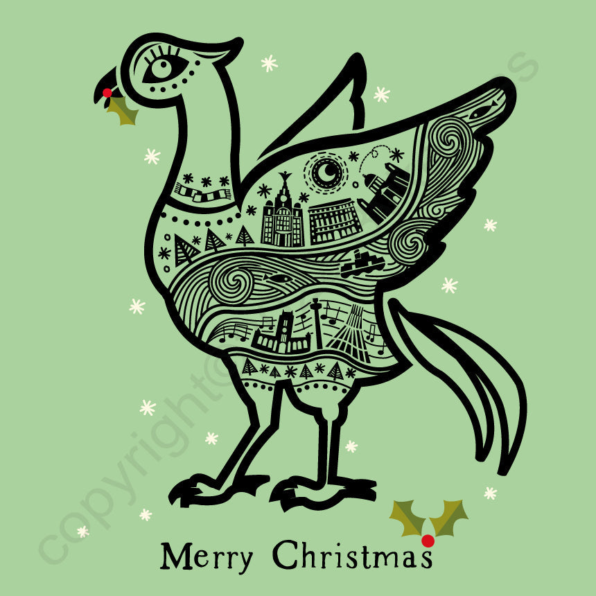 Liver bird Line Illustration Christmas Card (Green)