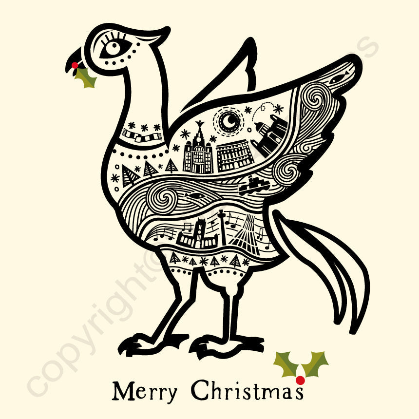 Liverbird Line Illustration Christmas Card (Cream)
