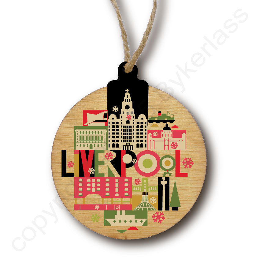 Liverpool City Scape Rustic Wooden Christmas Bauble