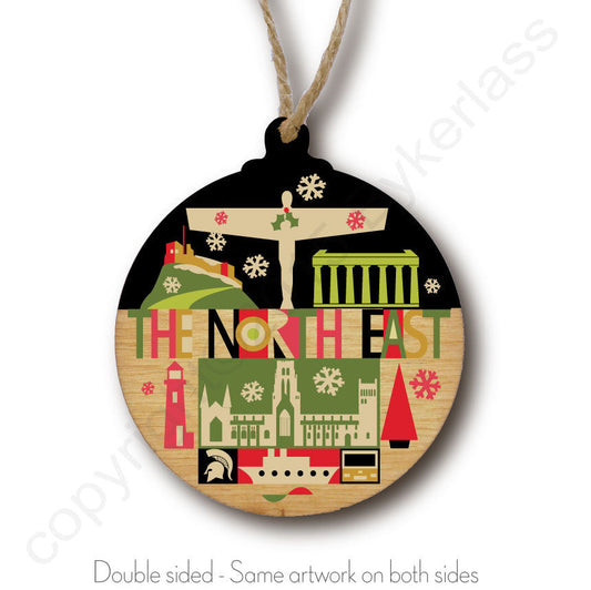 North East Landscape Rustic Wooden Christmas Bauble 