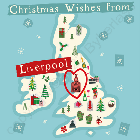 Illustrated UK Map Christmas Card - Liverpool --- XMC1
