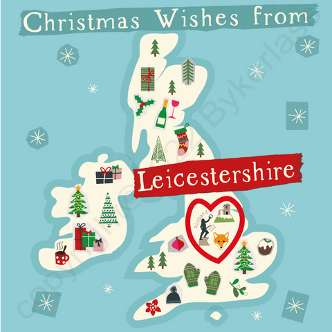 Illustrated UK Map Christmas Card - Leicestershire --- XMC10