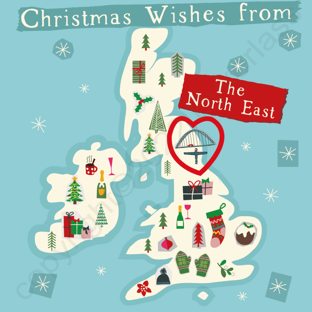 Illustrated UK Map Christmas Card - The North East by Wotmalike