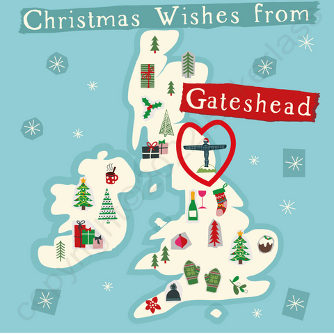 Illustrated UK Map Christmas Card - Gateshead --- MXC14