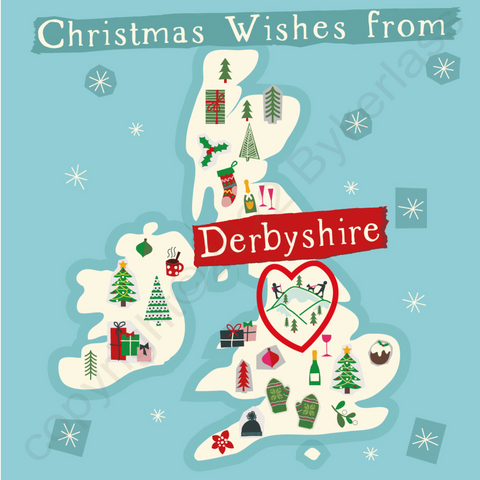 Illustrated UK Map Christmas Card - Derbyshire --- XMC9
