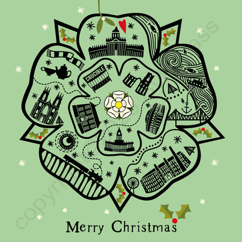 Yorkshire Rose (Green) Line Illustration Christmas Card --- YX12
