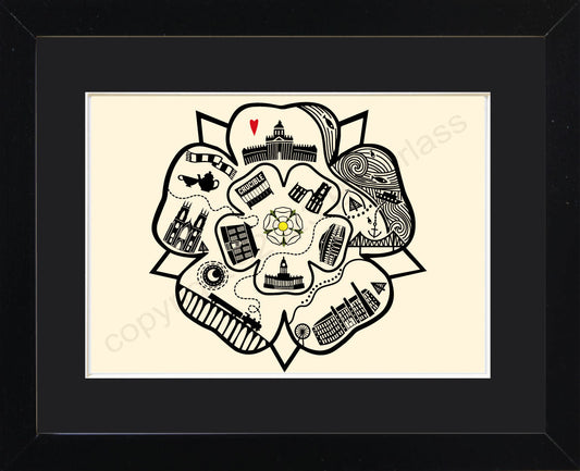 A super stylish Yorkshire Rose Line illustration featuring iconic places and visions of Yorkshire on a lovely ivory background.