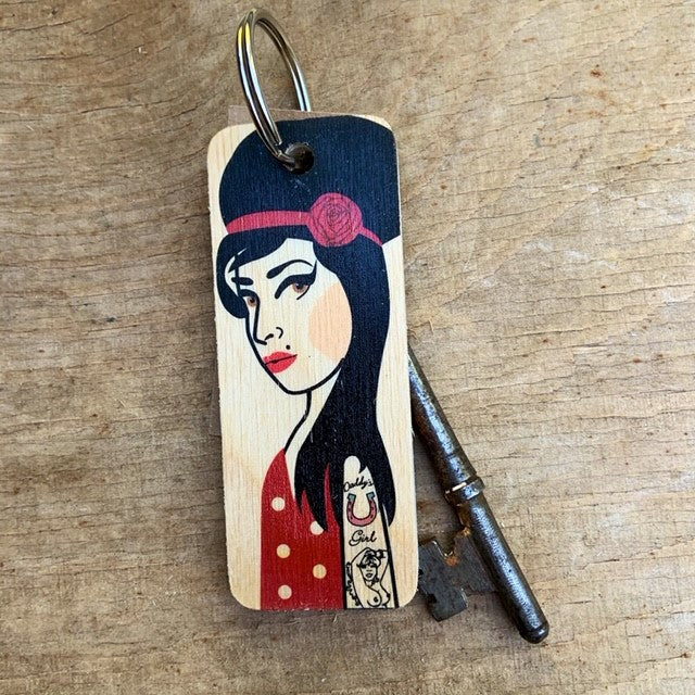 Amy Winehouse Character Wooden Keyring By Wotmalike