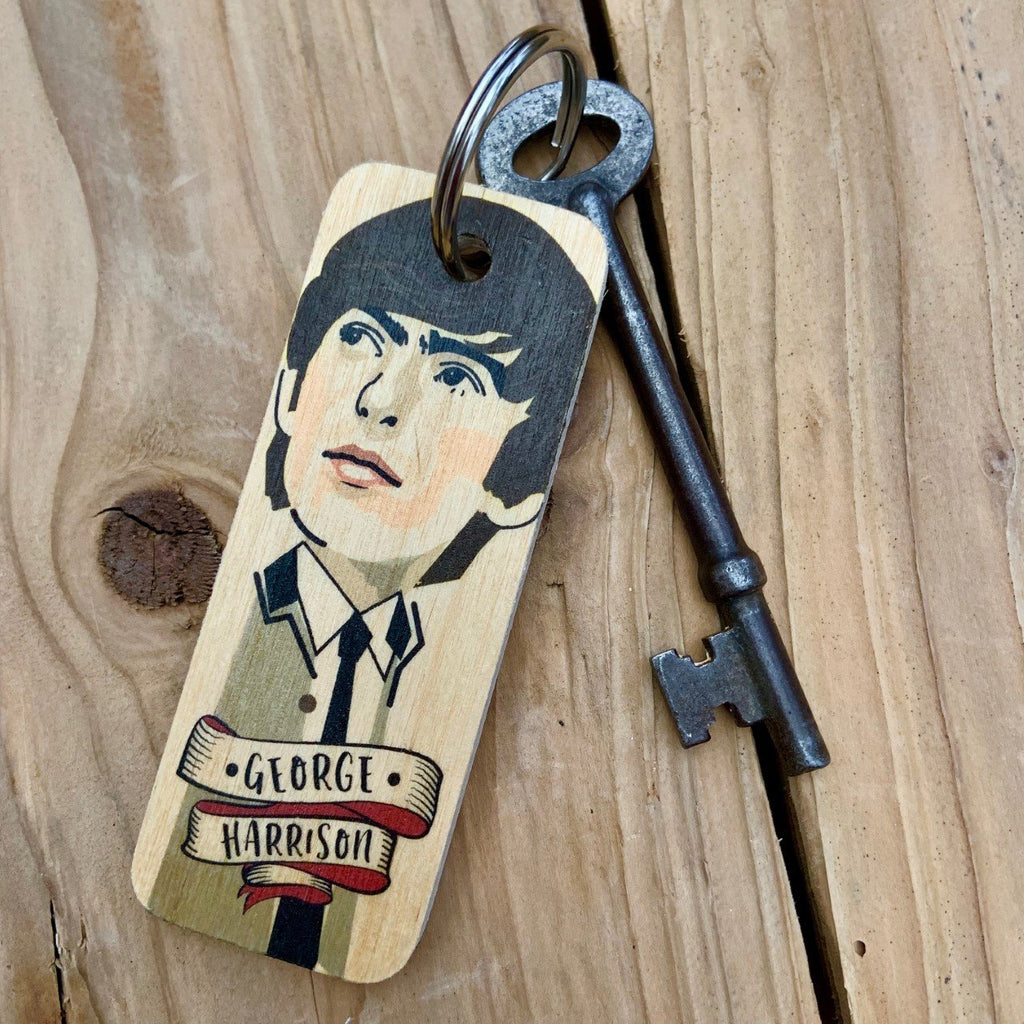 George Harrison Character Wooden Keyring by Wotmalike