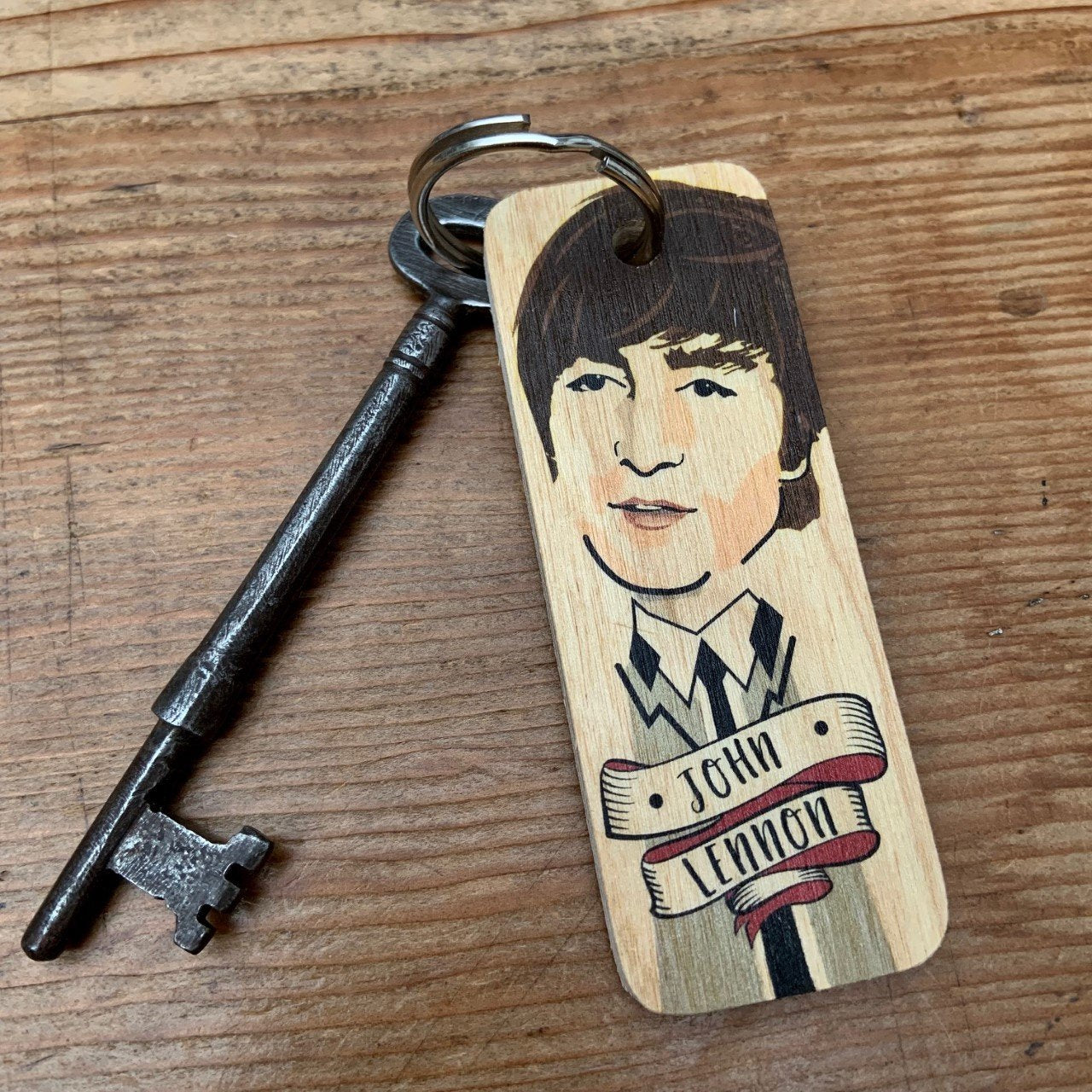 John Lennon Character Wooden Keyring by Wotmalike