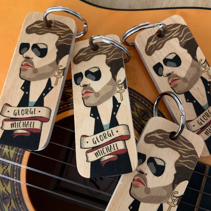 George Michael Character Wooden Keyring by Wotmalike